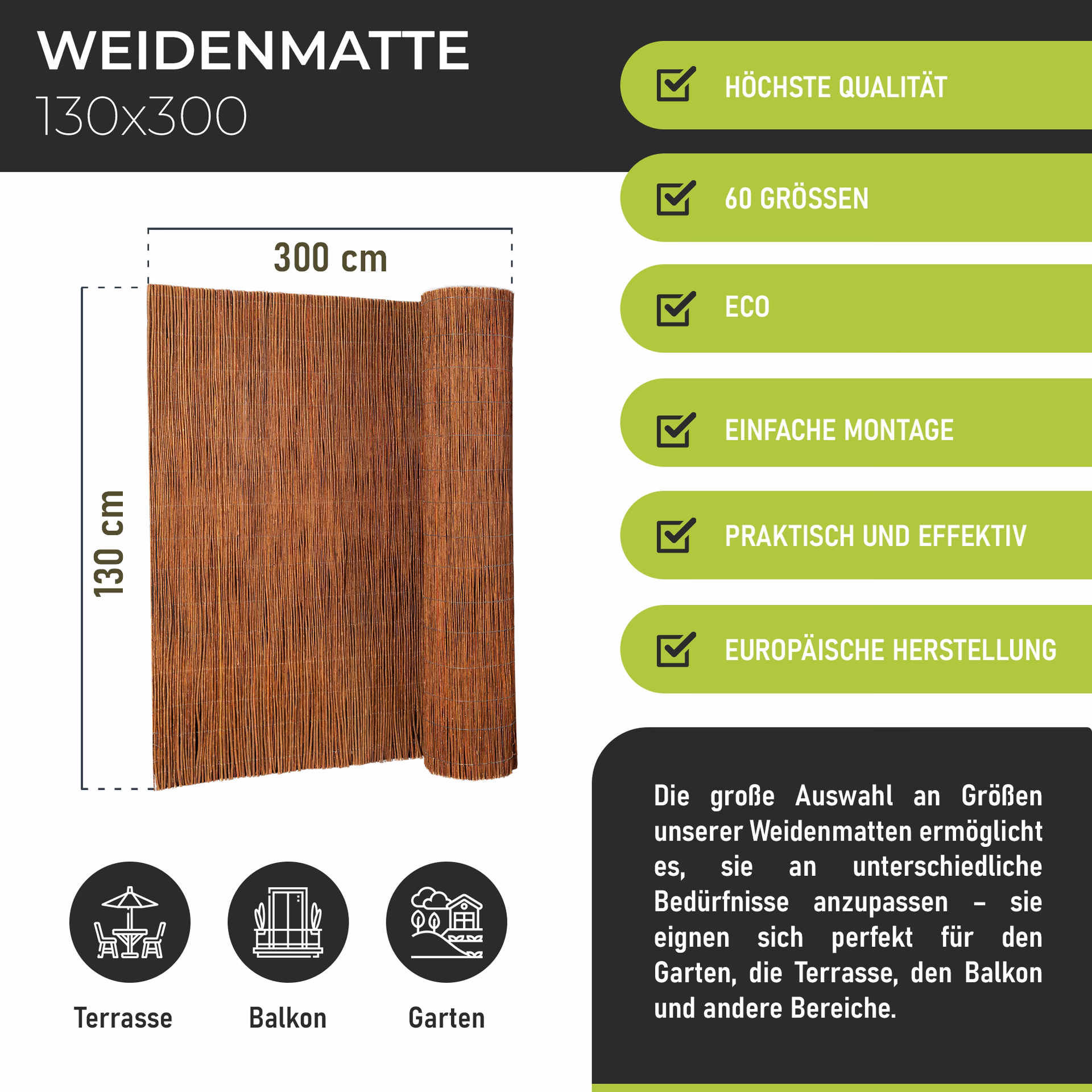 Wicker garden Weidenmatte 130 x 300 cm - natürlicher Sichtschutz für Garten, Balkon und Terrasse, Sichtschutzzaun in 60 Größen, Sichtschutzmatte Gartenzaun - Windschutz & Sonnenschutz - Gallery 1